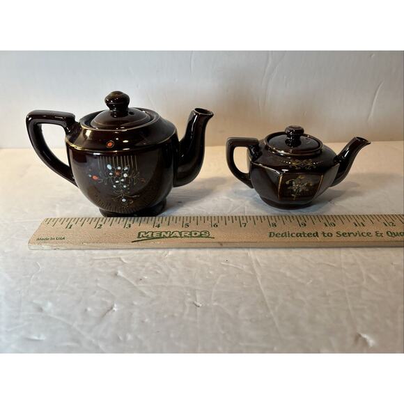 Vintage Japan Brown Ceramic Teapots with Lids – Hand Painted Floral Gold Accents - Picture 1 of 16